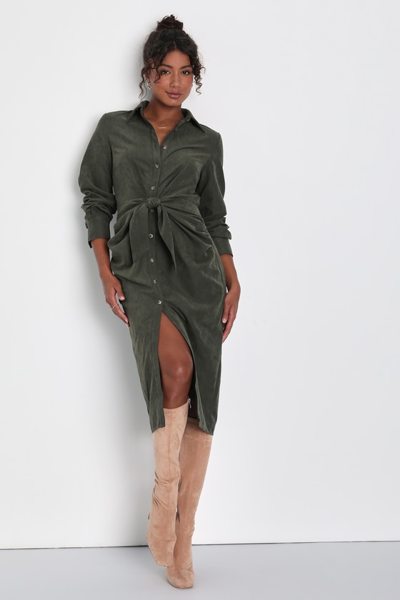 Autumnal Views Olive Green Suede Button-Up Tie-Front Midi Dress