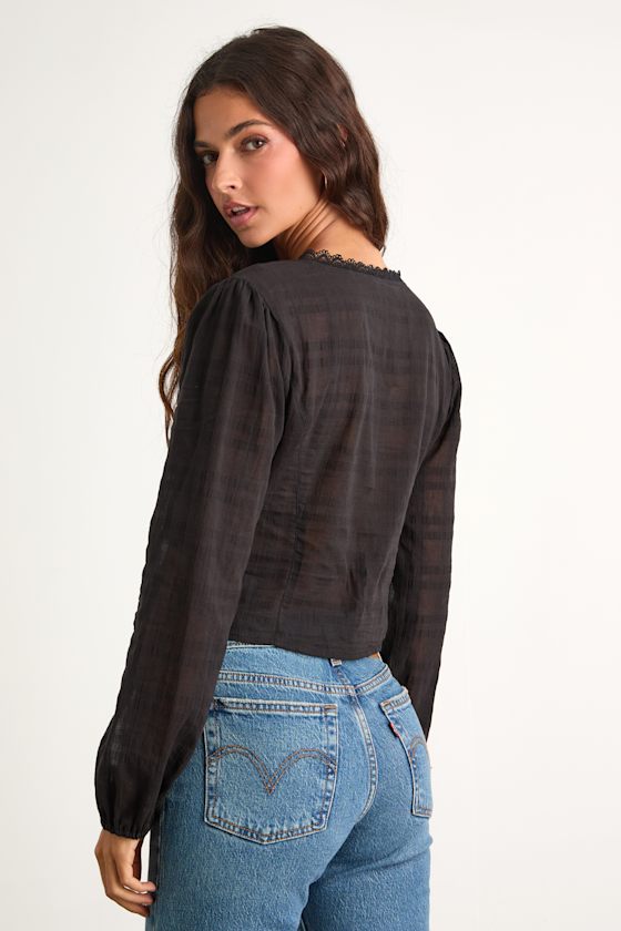 Keyra Black Button-Front Balloon Sleeve Crop Top