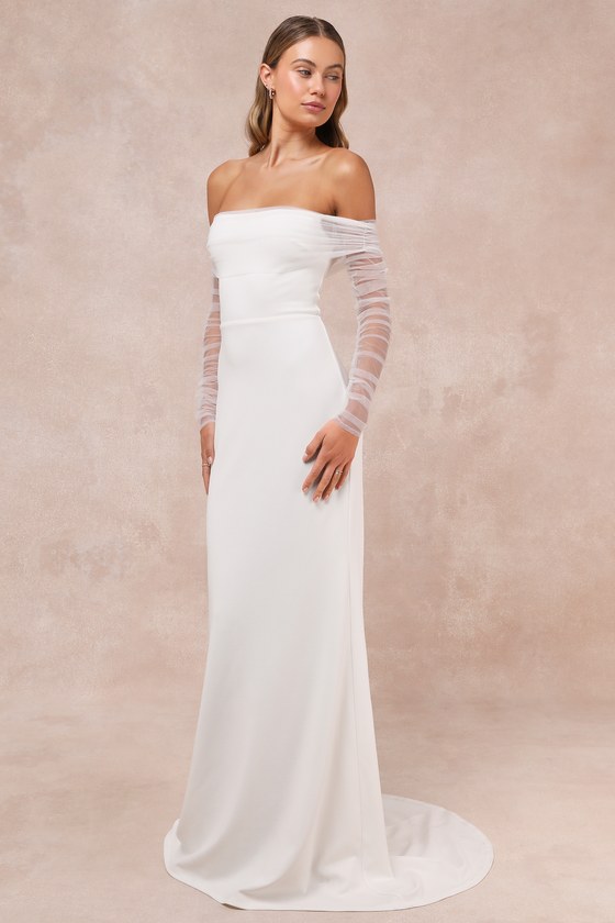 Beautifully Beloved White Mesh Off-the-Shoulder Maxi Dress