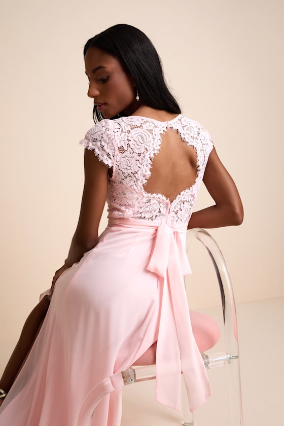 Momentous Moments Blush Pink Lace Backless Maxi Dress