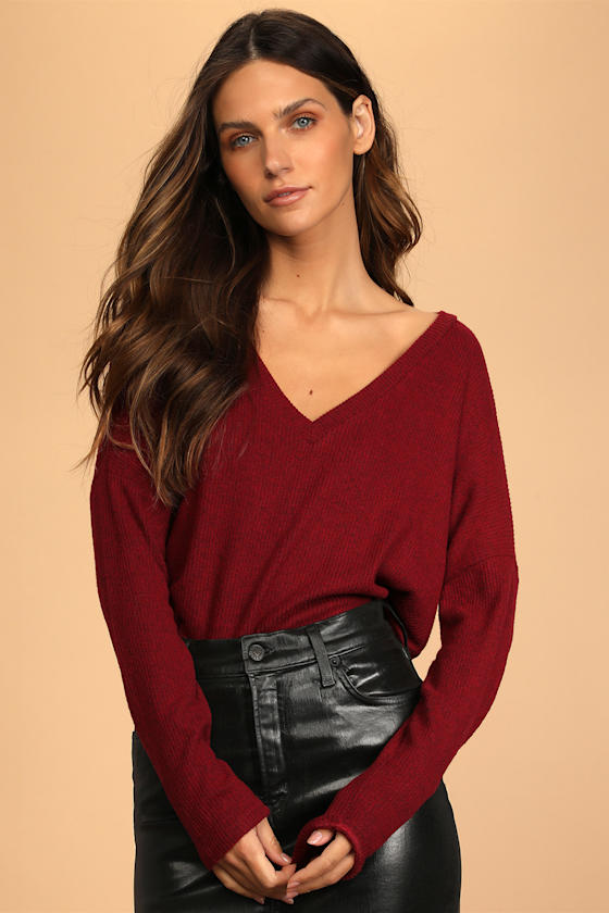 Just Vibing Wine Red Ribbed V-Neck Sweater Top