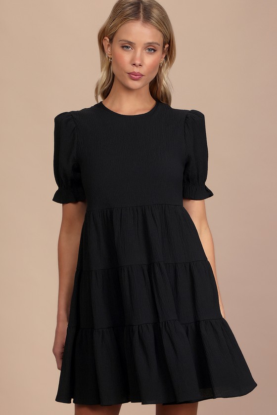 Favorite Day Black Puff Sleeve Tiered Mini Dress