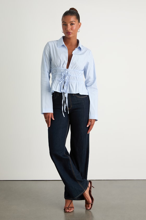 Polished Essence Blue Striped Collared Tie-Front Top