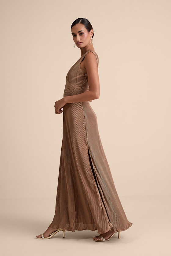 Renee Light Brown Satin Plisse V-Neck Maxi Dress