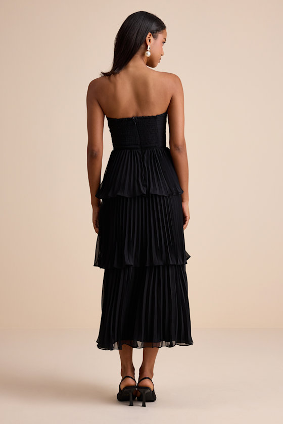 Seriously Sensational Black Strapless Tiered Midi Dress