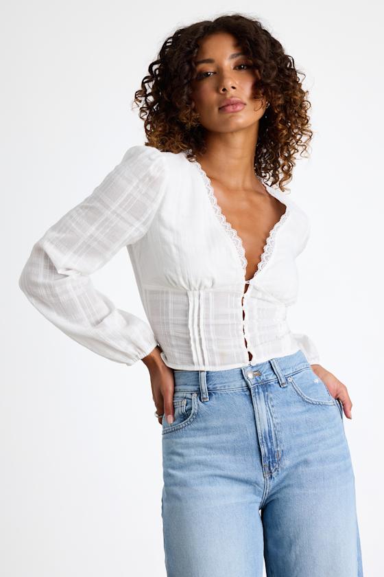 Keyra Ivory Button-Front Balloon Sleeve Crop Top