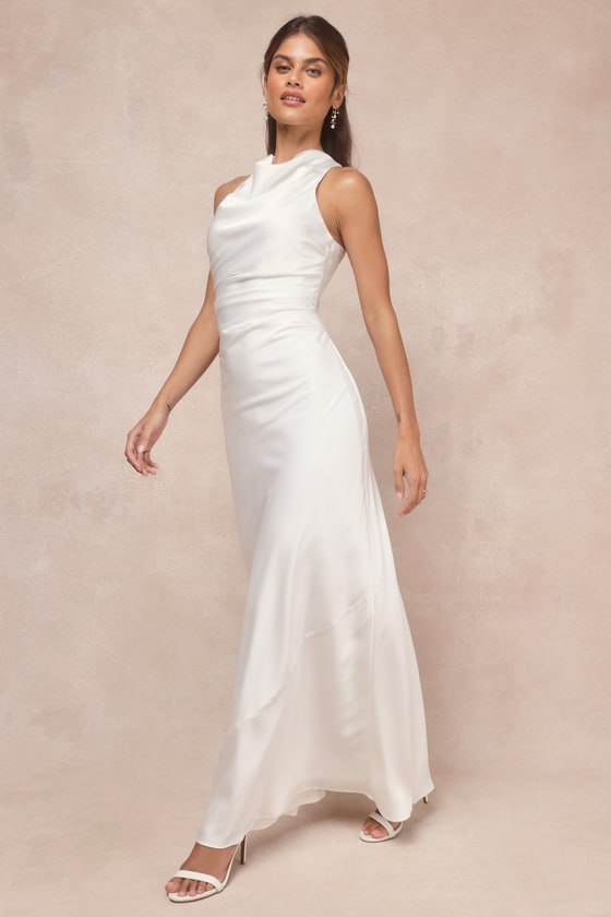 Effortlessly Sensational White Satin Backless Maxi Dress