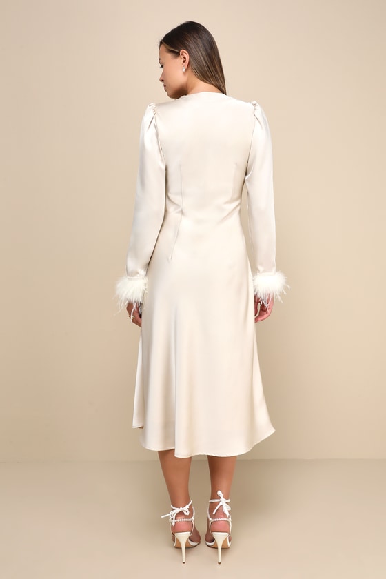Precious Aura Champagne Satin Feather Long Sleeve Midi Dress