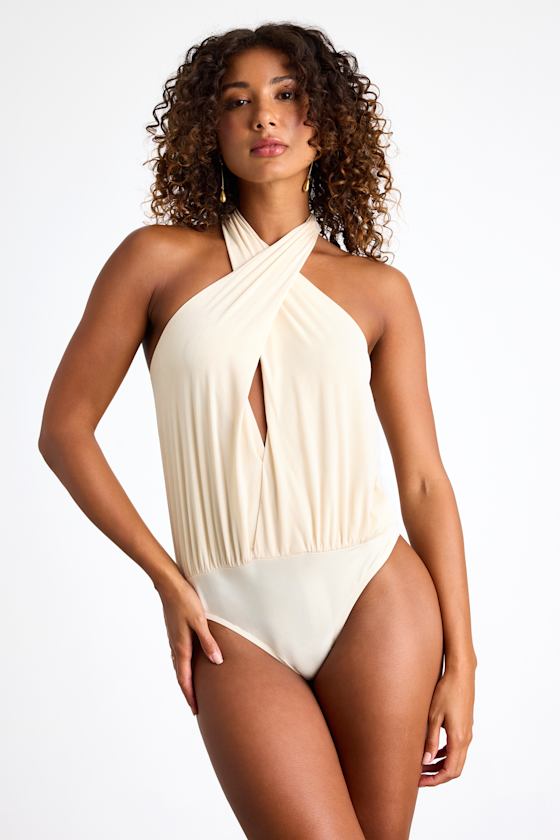 Jamison Cream Jersey Knit Cross-Front Halter Bodysuit