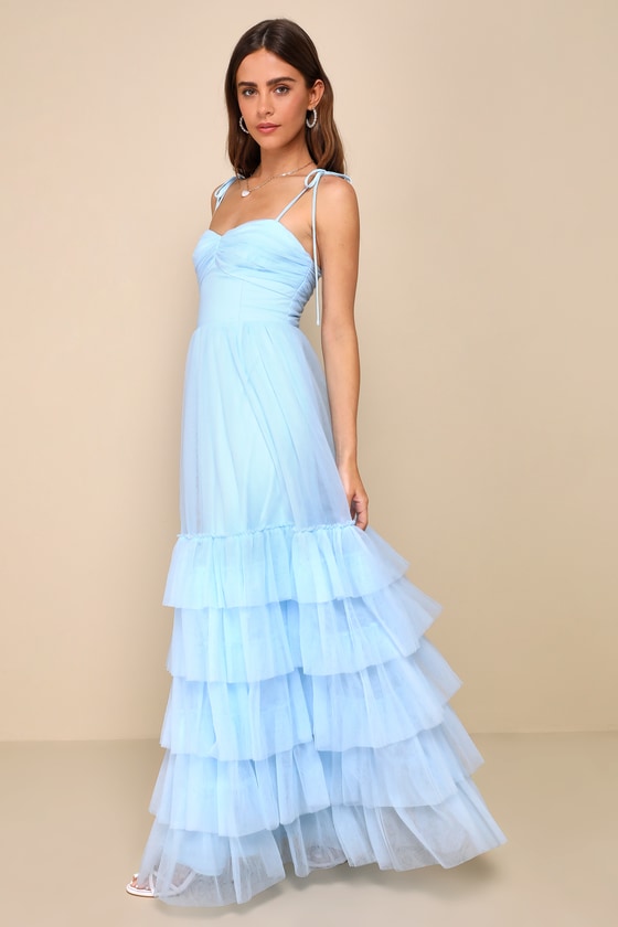 Endlessly Darling Light Blue Mesh Tiered Tie-Strap Maxi Dress