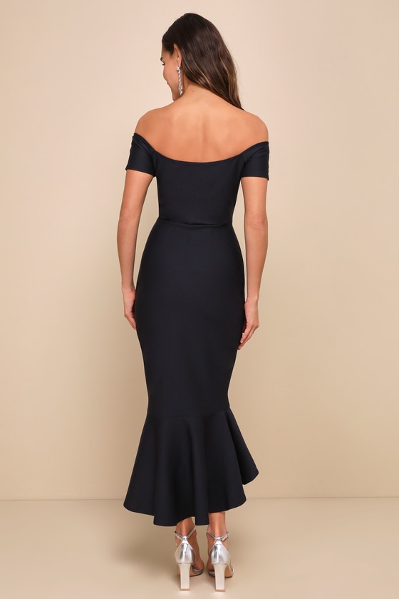 How Much I Care Midnight Blue Off-the-Shoulder Midi Dress