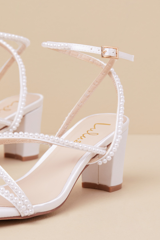 Makenna White Pearl Satin Strappy Ankle Strap Low Heel Sandals