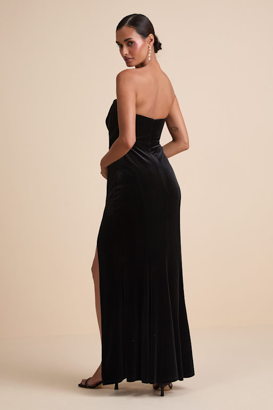 Perfectly Captivating Black Velvet Strapless Maxi Dress