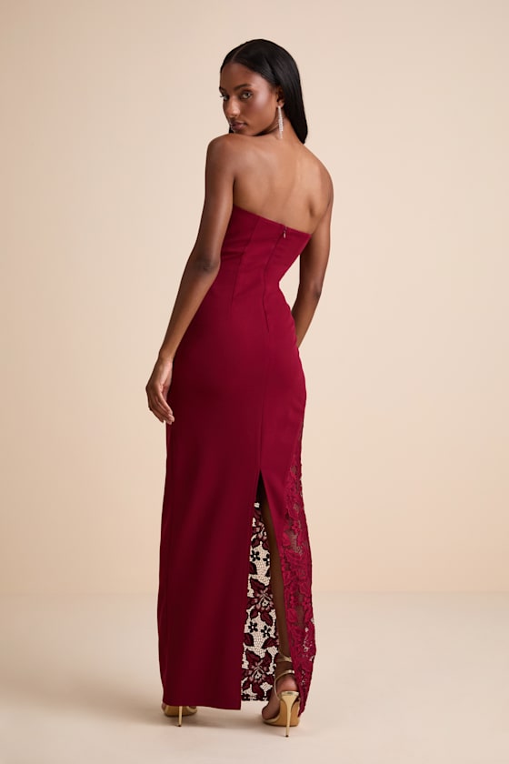 Irresistible Attitude Red Strapless Lace Column Maxi Dress