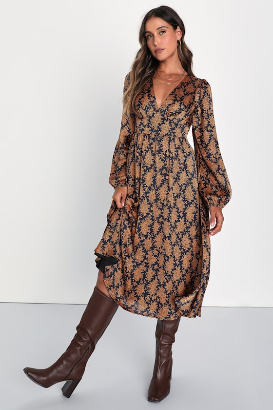 Graceful Impression Black and Orange Floral Print Midi Dress