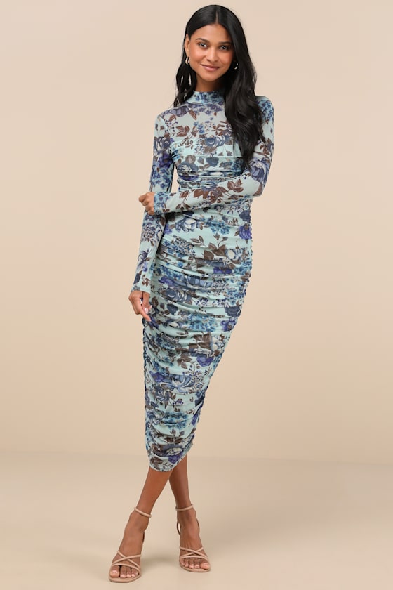 Impressive Flirt Blue Floral Mesh Ruched Mock Neck Midi Dress