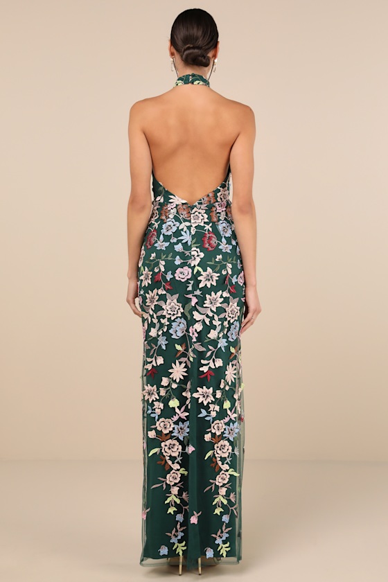 Infinite Praise Emerald 3D Floral Embroidered Halter Maxi Dress