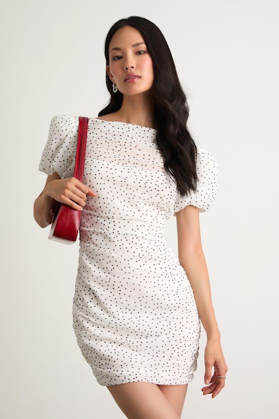 Claritza White Polka Dot Ruched Puff Sleeve Mini Dress