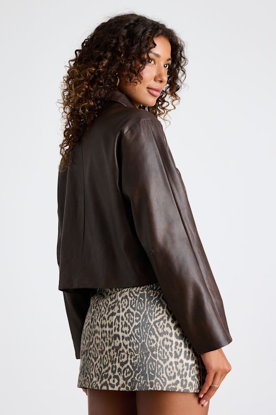 Mariely Brown Vegan Leather Button-Front Cropped Jacket