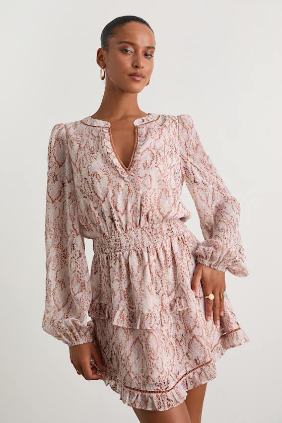 Variah Pale Pink Snake Print Long Sleeve Mini Dress
