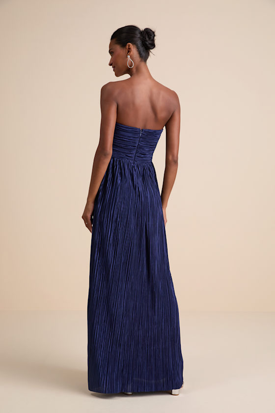 Oswin Navy Satin Plisse Strapless Maxi Dress
