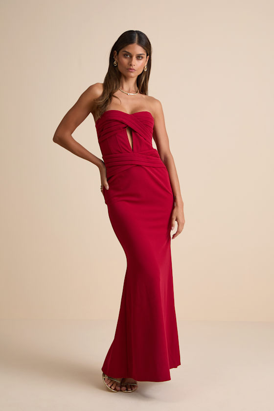 Elegant Finesse Red Pleated Cutout Maxi Dress