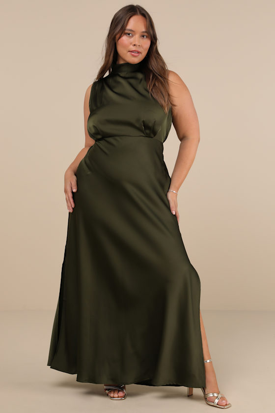 Classic Elegance Olive Satin Sleeveless Mock Neck Maxi Dress