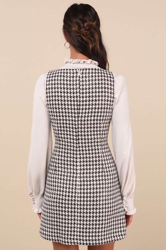 Coveted Poise Brown Houndstooth Button-Front Shift Mini Dress