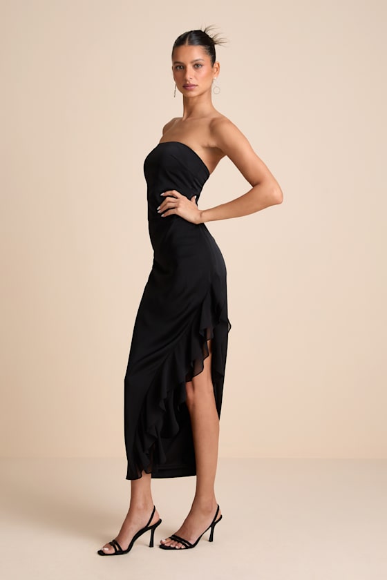 Graceful Perfection Black Satin Ruffled Strapless Midi Dress