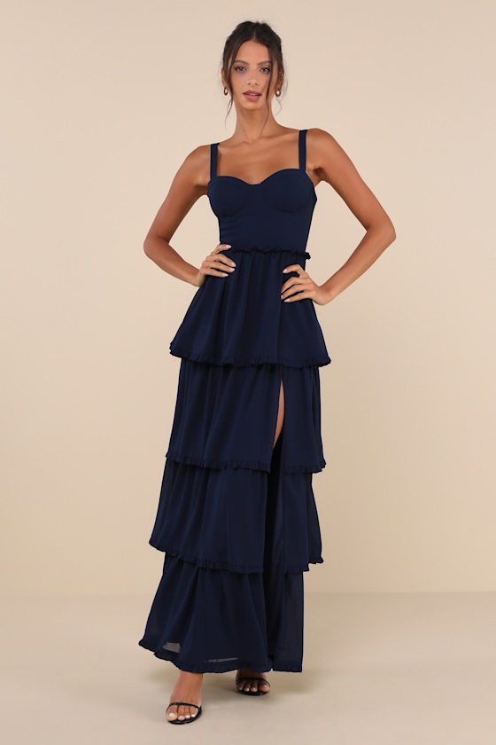 Sophisticated Occasion Navy Blue Bustier Lace-Up Maxi Dress
