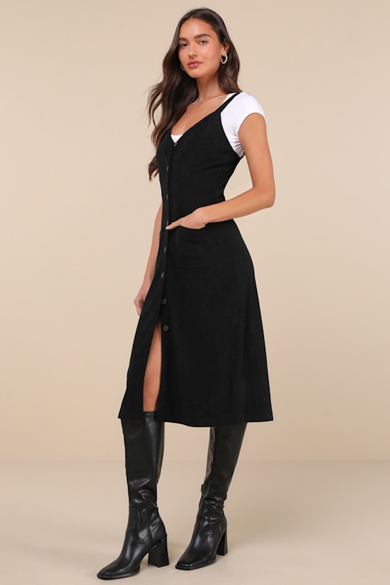 Certainly the Sweetest Black Corduroy Button-Front Midi Dress