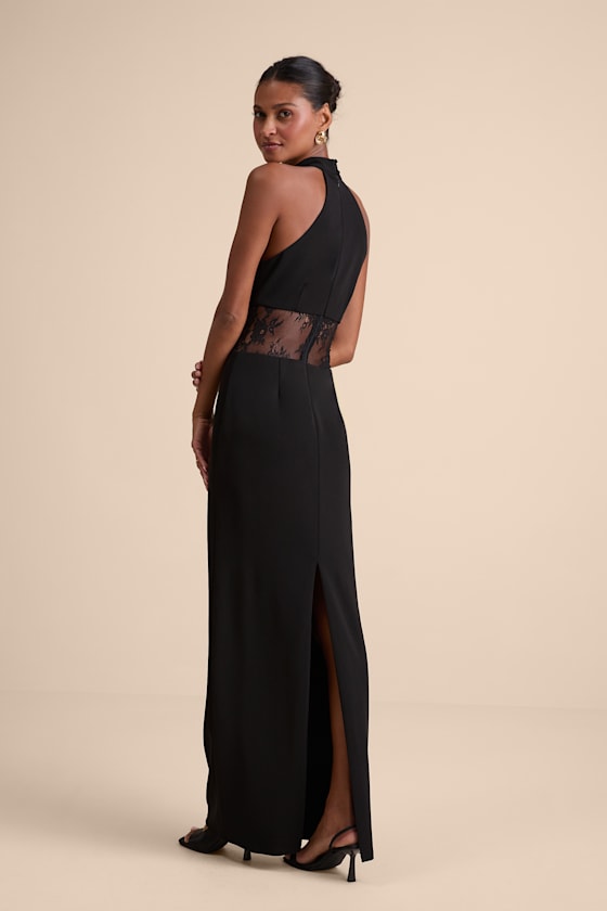 Vira Black Mock Neck Lace Cutout Maxi Dress
