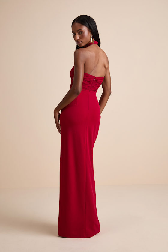 Baani Red Column Halter Maxi Dress