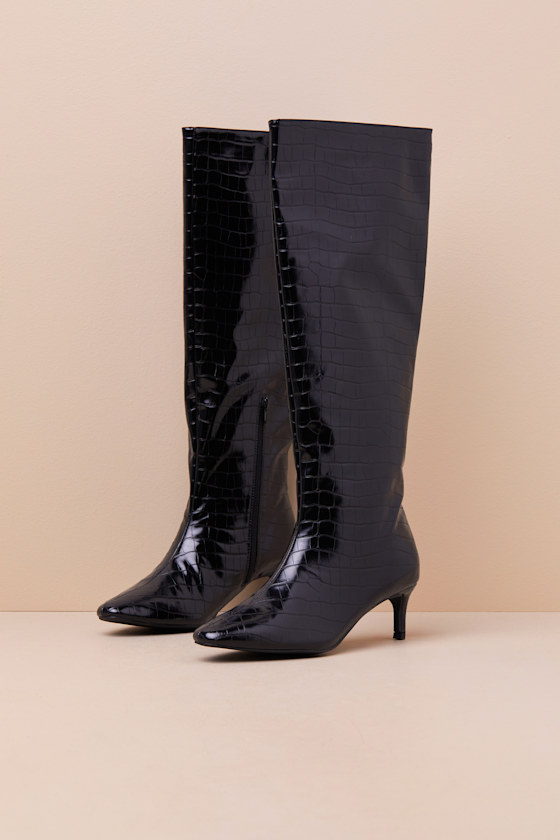 Rohmer Black Croc-Embossed Over-the-Knee Boots