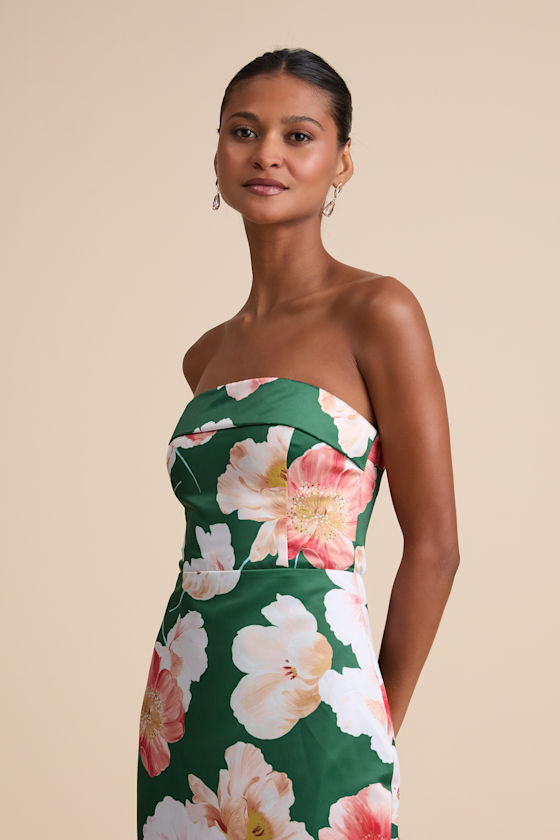 Oriana Dark Green Floral Satin Strapless Midi Dress