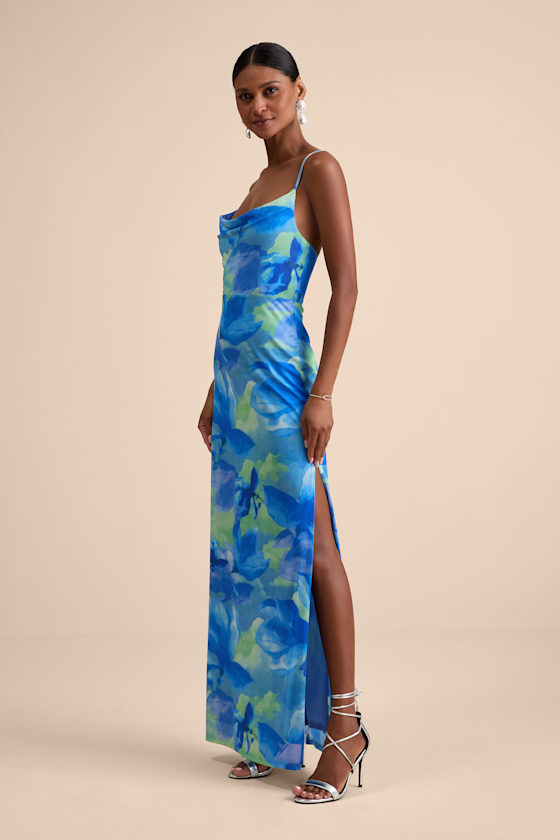 Sunniva Blue Multi Print Mesh Cowl Maxi Dress