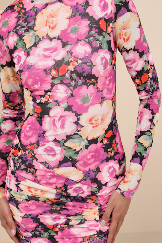Prettiest Energy Pink Multi Floral Mesh Long Sleeve Mini Dress