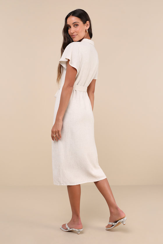 Italian Summer Beige Linen Midi Dress