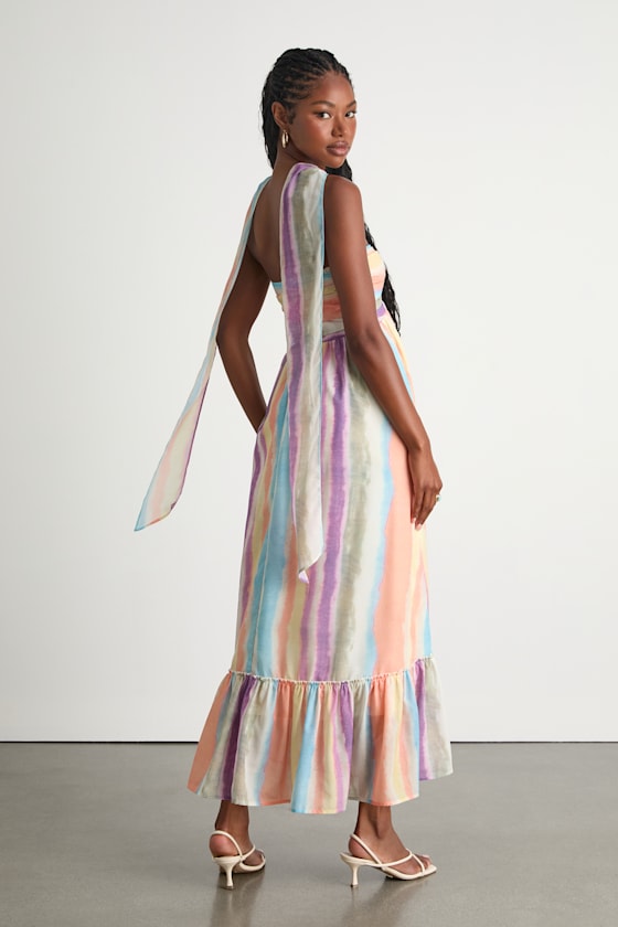 Kelia Peach Multi Striped Midi Dress and Scarf Set