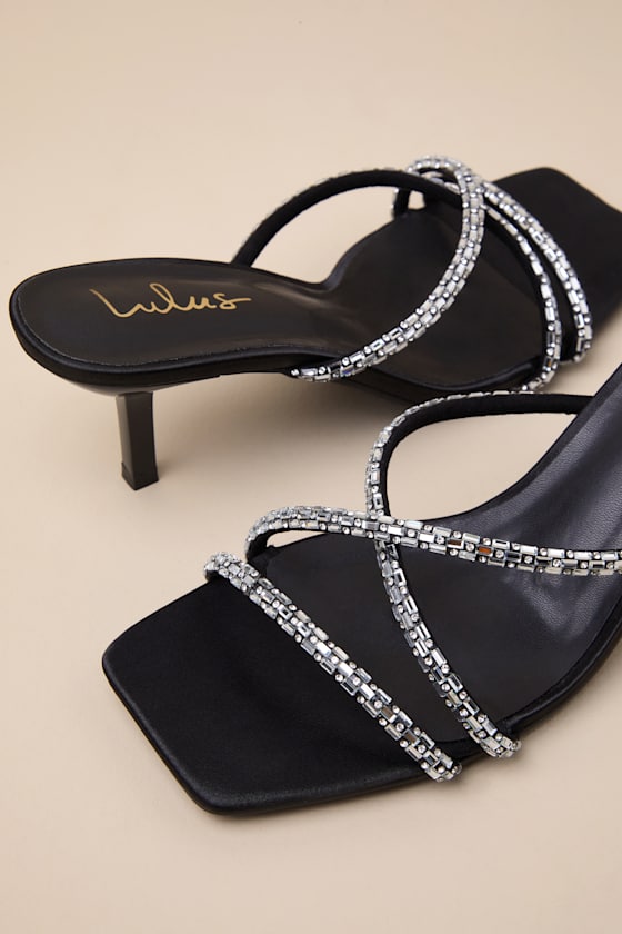 Birdine Black Satin Rhinestone High Heel Sandals