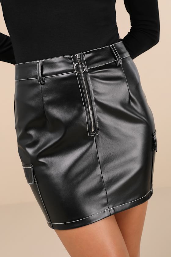 Utterly Edgy Black Patent Vegan Leather Cargo Mini Skirt