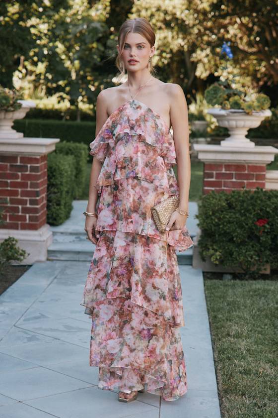 Melody Pink Floral Tiered Halter Maxi Dress