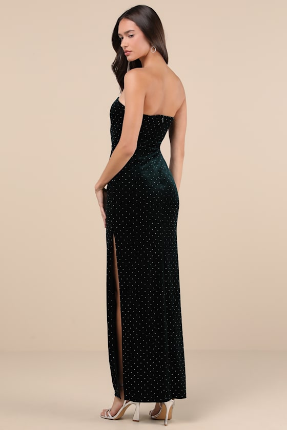 Dreamy Choice Dark Green Rhinestone Strapless Maxi Dress