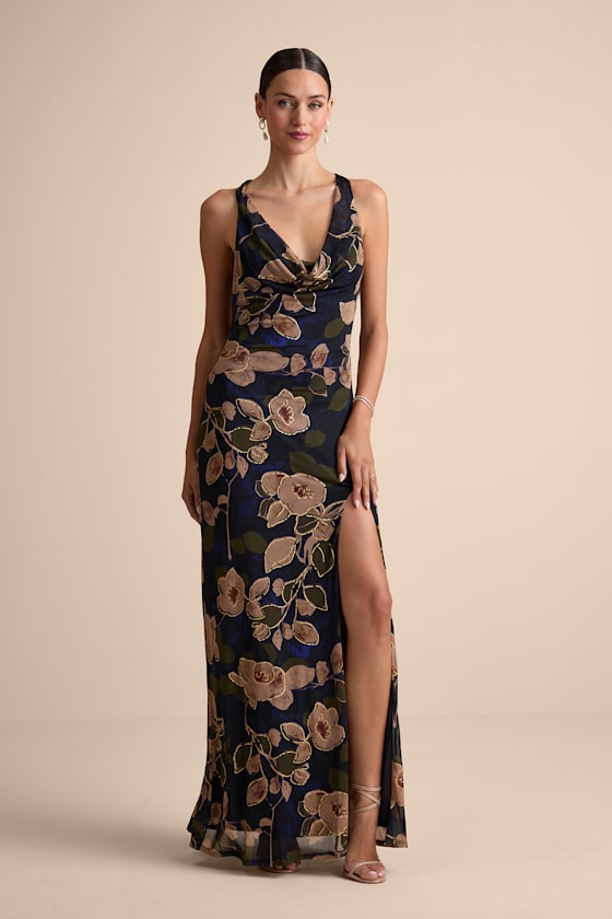 Kyra Navy Floral Mesh Cowl Neck Maxi Dress