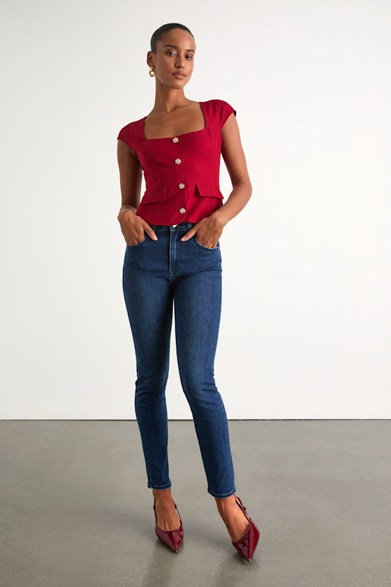 Azora Red Button-Front Cap Sleeve Top