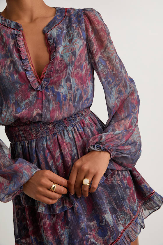 Variah Blue Multi Boho Print Long Sleeve Mini Dress