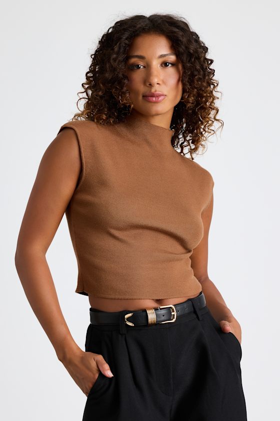Suki Light Brown Mock Neck Cap Sleeve Sweater Top