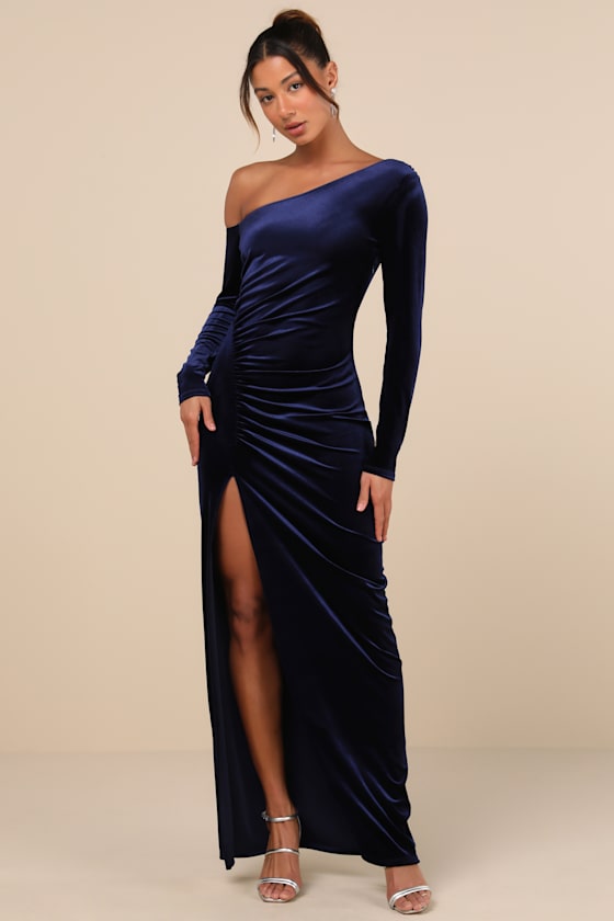Notorious Icon Navy Blue Velvet Asymmetrical Maxi Dress