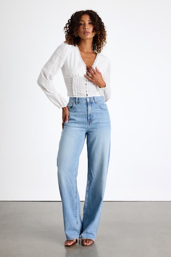 Keyra Ivory Button-Front Balloon Sleeve Crop Top