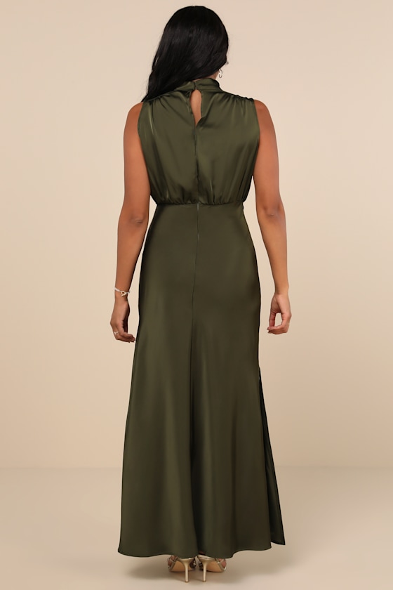 Classic Elegance Olive Satin Sleeveless Mock Neck Maxi Dress